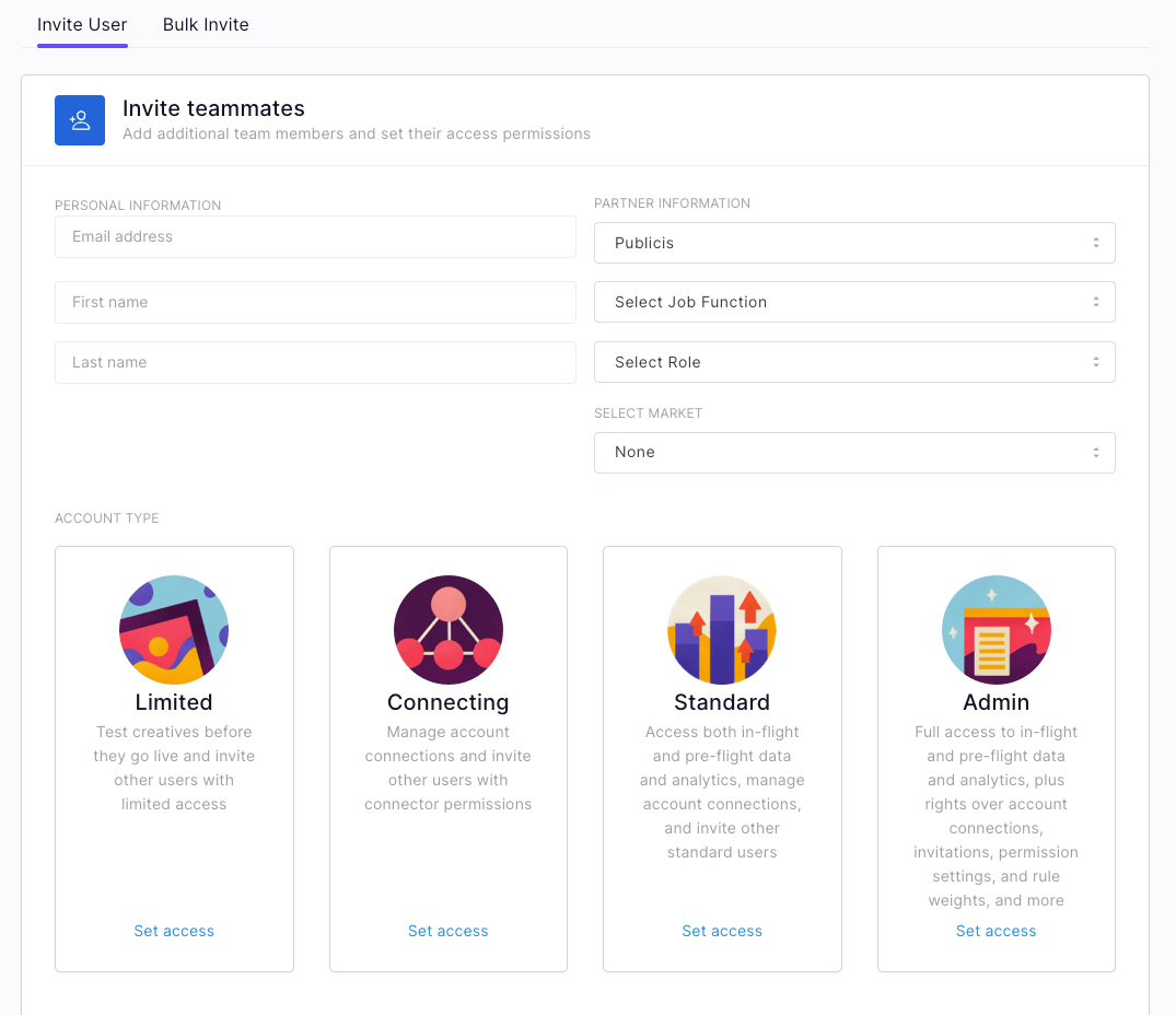 Screenshot of the CreativeX “Invite teammates” screen showing fields for email address, first and last name, partner information, and market selection, plus four account type options—Limited, Connecting, Standard, and Admin—each with a “Set access” button.