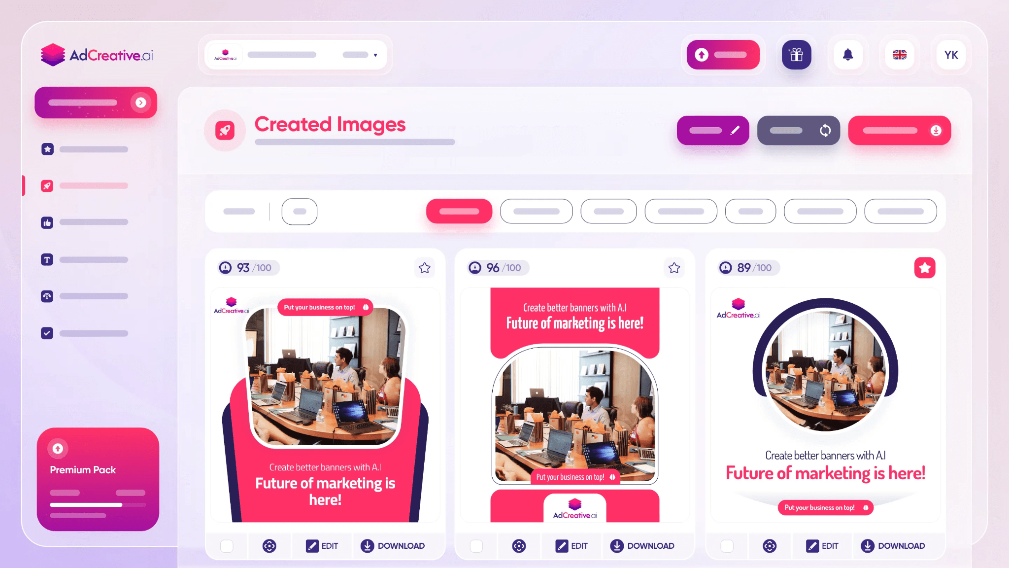 Screenshot of the AdCreative.ai “Created Images” dashboard displaying three AI‑generated ad creatives (scores 93/100, 96/100, 89/100) each with a conference table image, “Edit” and “Download” buttons, plus sidebar navigation and top‑bar icons.          Ask ChatGPT