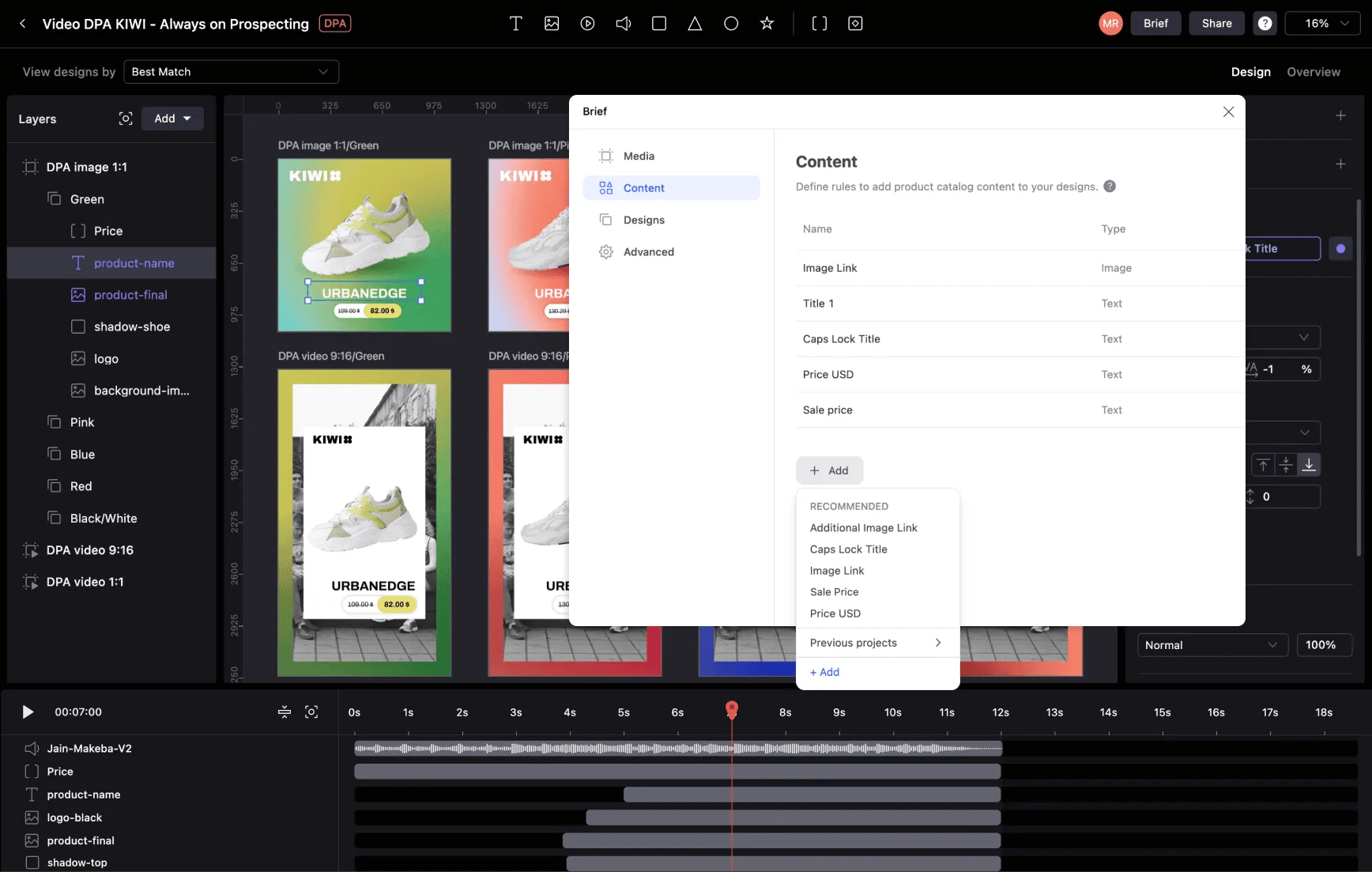 Screenshot of the Video DPA Kiwi “Always on Prospecting” design editor, showing a left‑side layers panel with DPA image and video templates, a central preview grid of four Kiwi shoe ad variants, a “Brief” modal on the right listing catalog fields (Image Link, Title 1, Caps Lock Title, Price USD, Sale Price), and a video timeline with audio and layer tracks at the bottom.