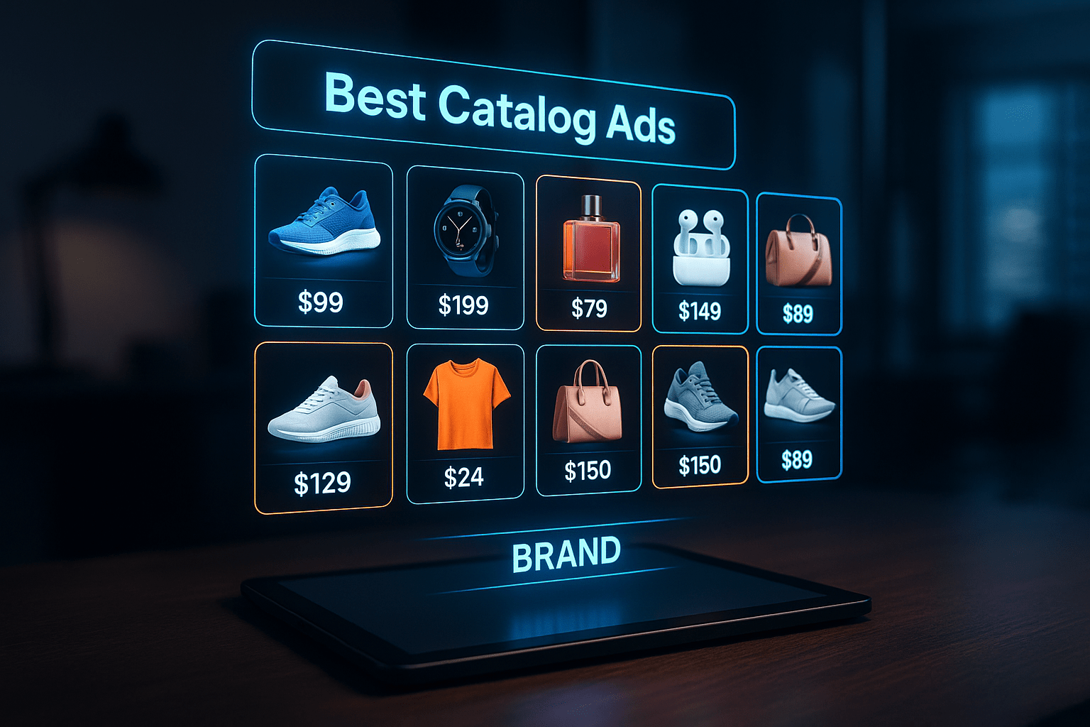 Sleek tablet on a dark wood desk projecting a holographic 2×4 grid of eight product cards—sneakers, watch, perfume, earbuds, handbag, and t‑shirt—with neon blue and orange frames and bold price tags under the glowing header “Best Catalog Ads,” set against 