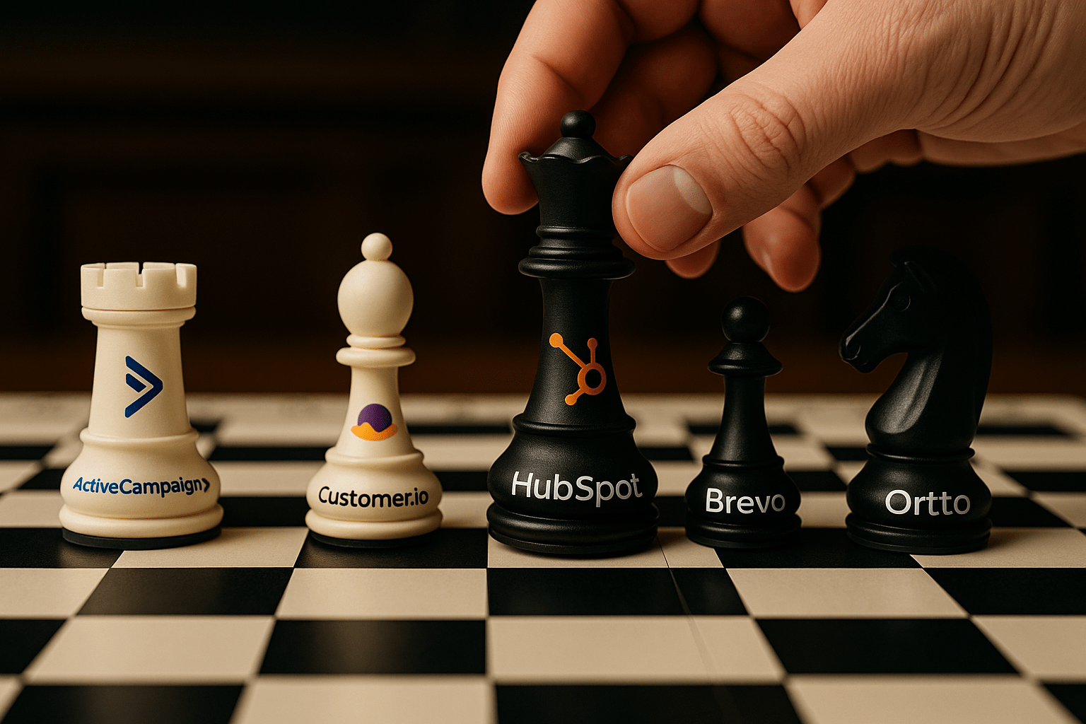 Close‑up of a black‑and‑white chessboard with chess pieces branded ActiveCampaign, HubSpot, Customer.io, Brevo, and Ortto. A hand is moving the black HubSpot queen, illustrating a strategic choice among the best Pardot alternatives.