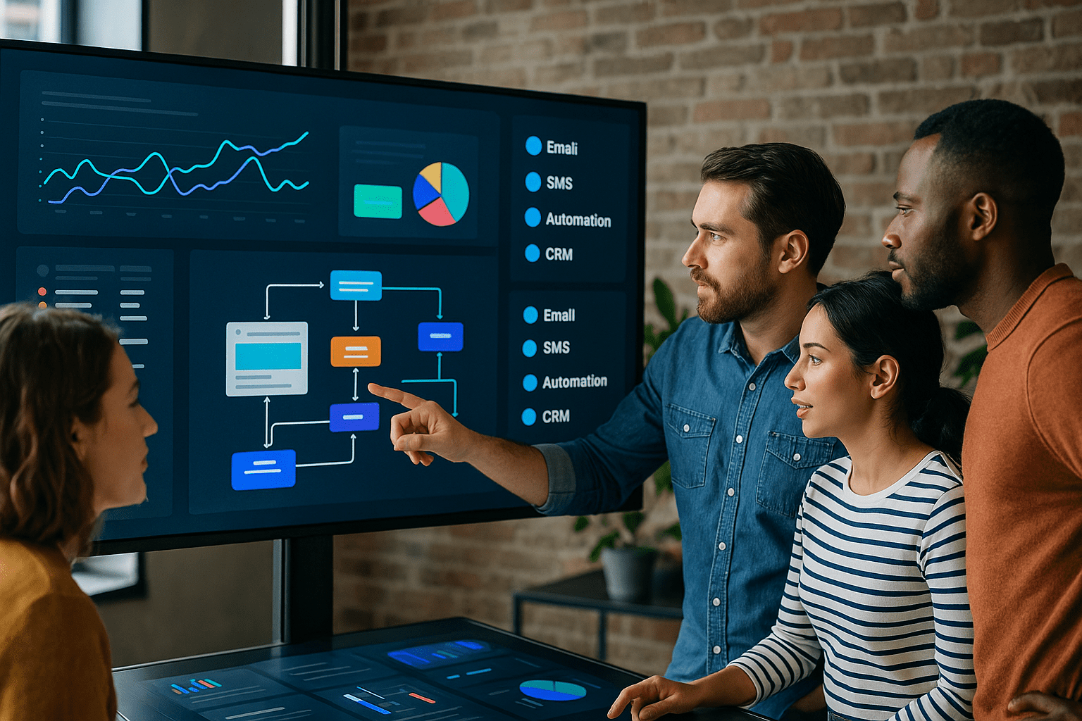 Four diverse marketing professionals gathered around a large digital dashboard displaying email and SMS campaign charts, automation workflows, and CRM analytics in a modern office setting, highlighting team collaboration and advanced marketing automation.