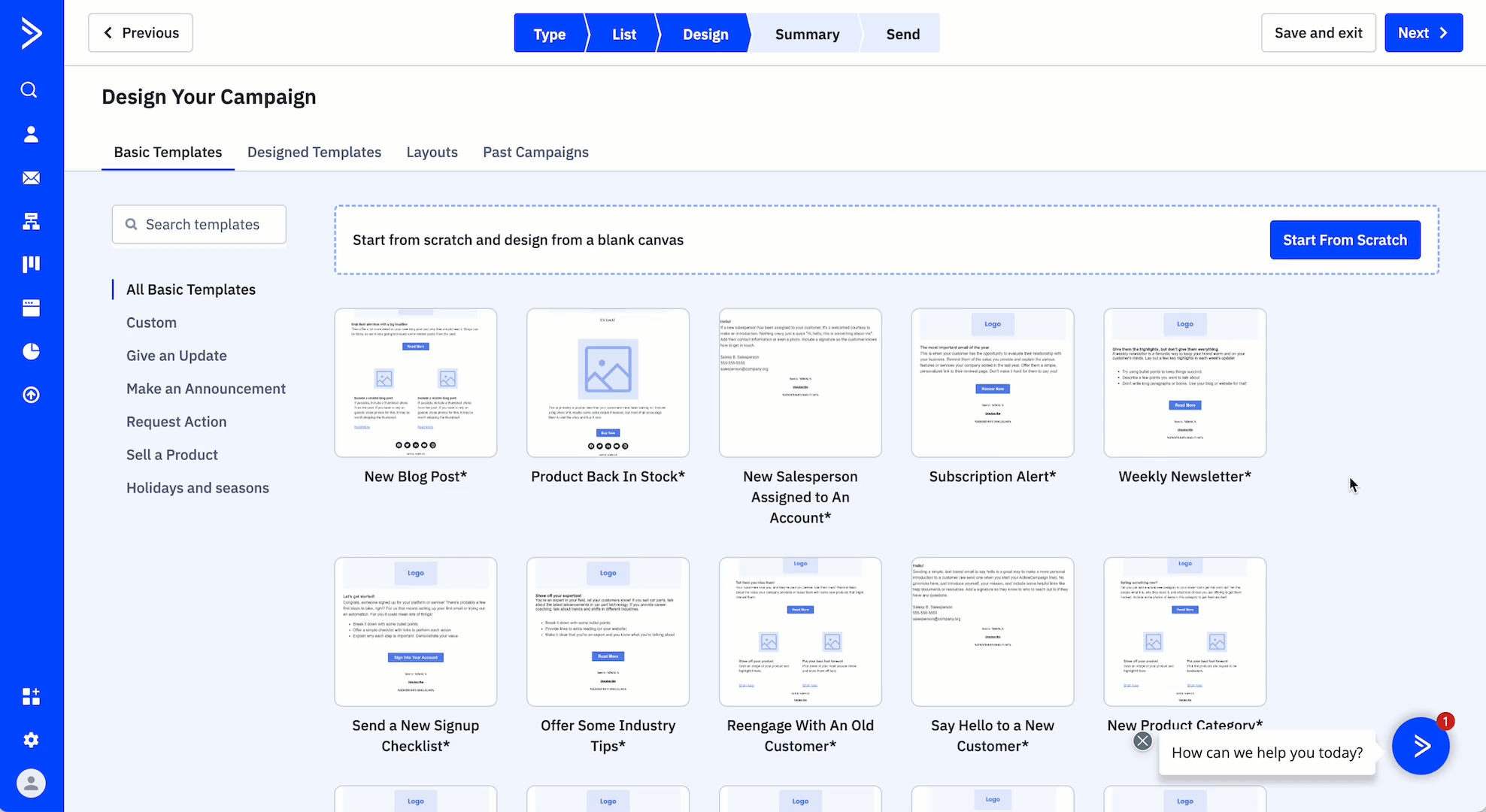 Screenshot of a marketing automation platform’s “Design Your Campaign” interface in the Design step, displaying a grid of basic email marketing templates—New Blog Post, Subscription Alert, Weekly Newsletter, New Signup Checklist, and more—alongside navigation tabs for Type, List, Design, Summary, and Send.