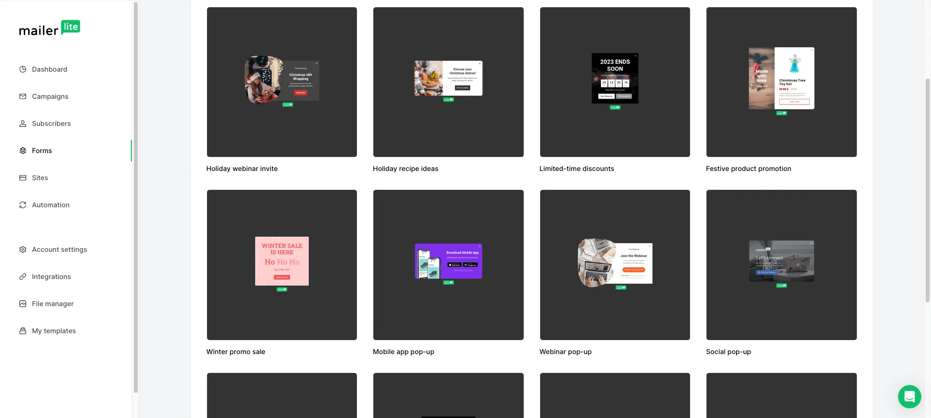 Screenshot of MailerLite’s “Forms” section displaying a grid of prebuilt pop‑up form templates—Holiday webinar invite, Holiday recipe ideas, Limited‑time discounts, Festive product promotion, Winter promo sale, Mobile app pop‑up, Webinar pop‑up, Social pop‑up—alongside sidebar navigation for Dashboard, Campaigns, Subscribers, Forms, Sites, Automation, Integrations, and Account Settings.