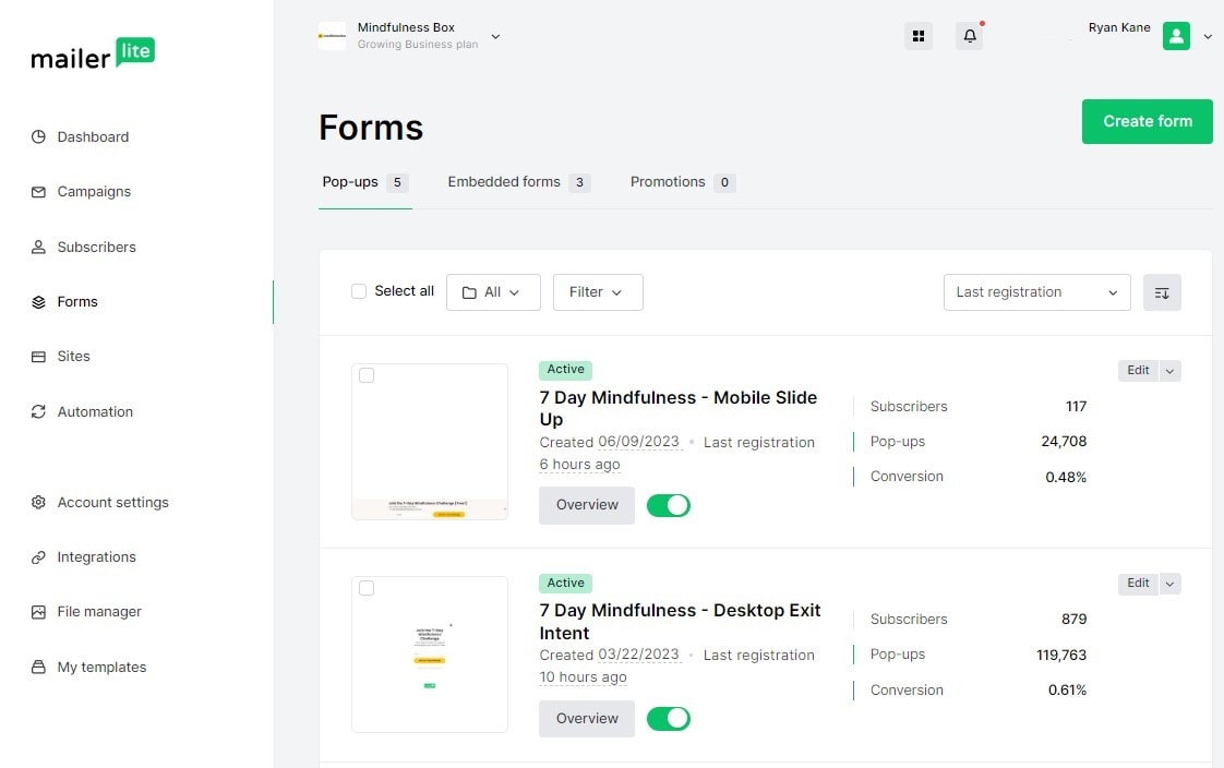 Screenshot of MailerLite’s “Forms” page displaying a list of signup forms with details for each form—such as form name (“7‑Day MiniCourse – Mobile Slide”), creation date, status toggle, views, conversions, and conversion rate—alongside sidebar navigation for Dashboard, Campaigns, Subscribers, Sites, and Automation, plus a “Create Form” button.