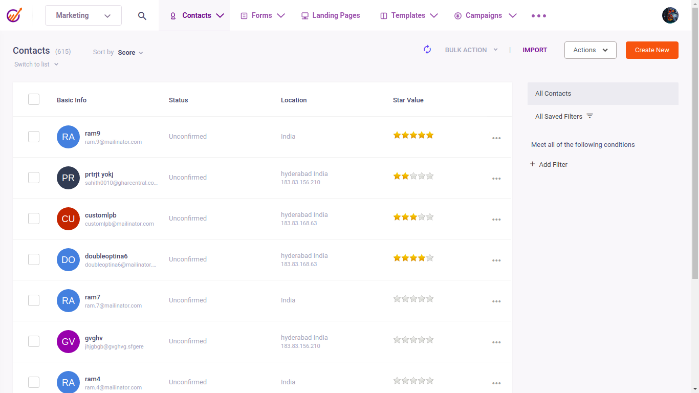 Screenshot of a marketing automation interface showing the “Contacts” page with a table of subscriber records. Each row lists contact initials, email address, subscription status (Unconfirmed), location (e.g., Hyderabad, India), and a star‑value rating. The top navigation bar includes menu items for Marketing, Contacts, Forms, Landing Pages, Templates, and Campaigns. Ask ChatGPT