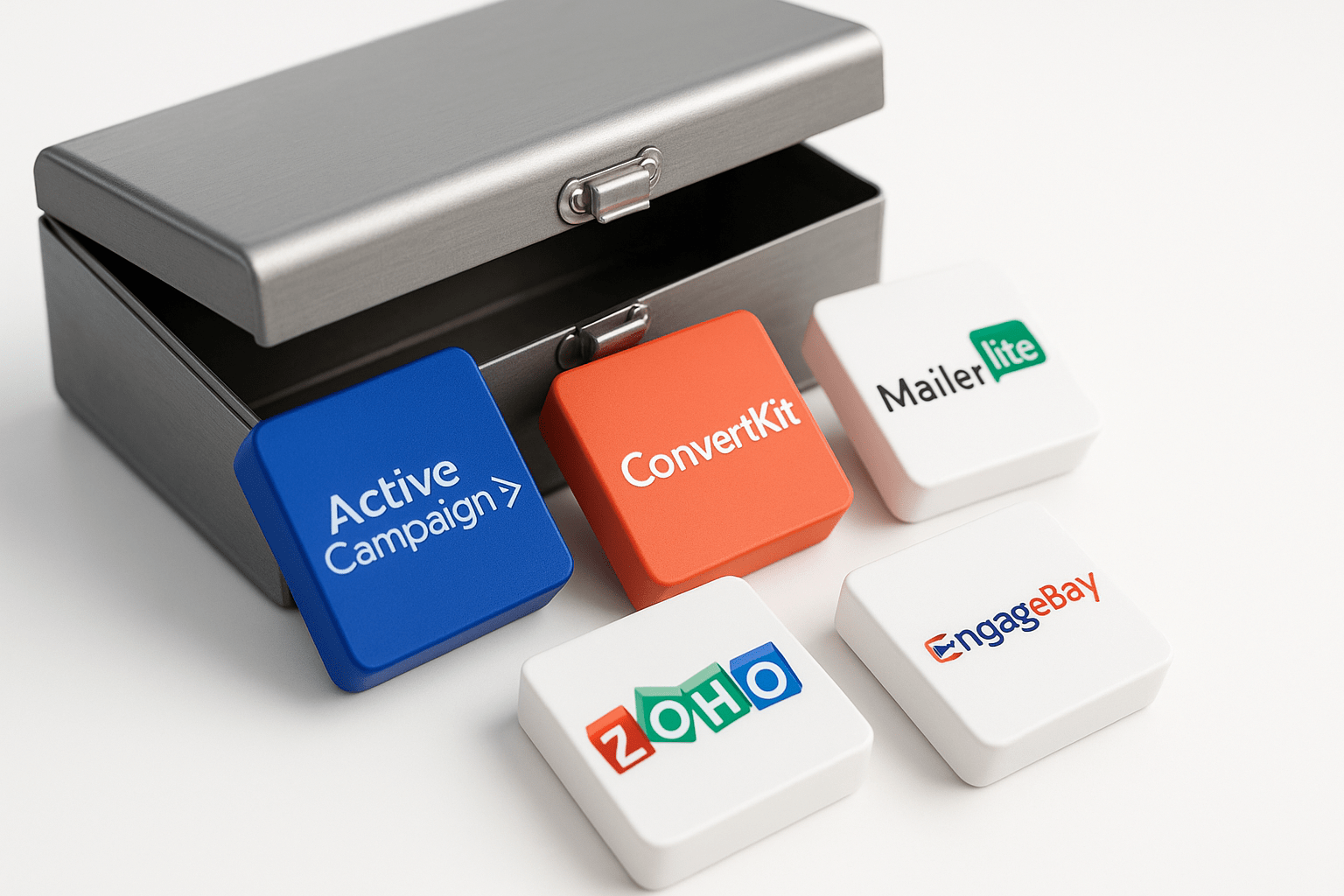 Sleek metal toolbox spilling five logo tiles—ActiveCampaign, ConvertKit, MailerLite, Zoho & EngageBay—on a white background, illustrating email marketing alternatives to Brevo.