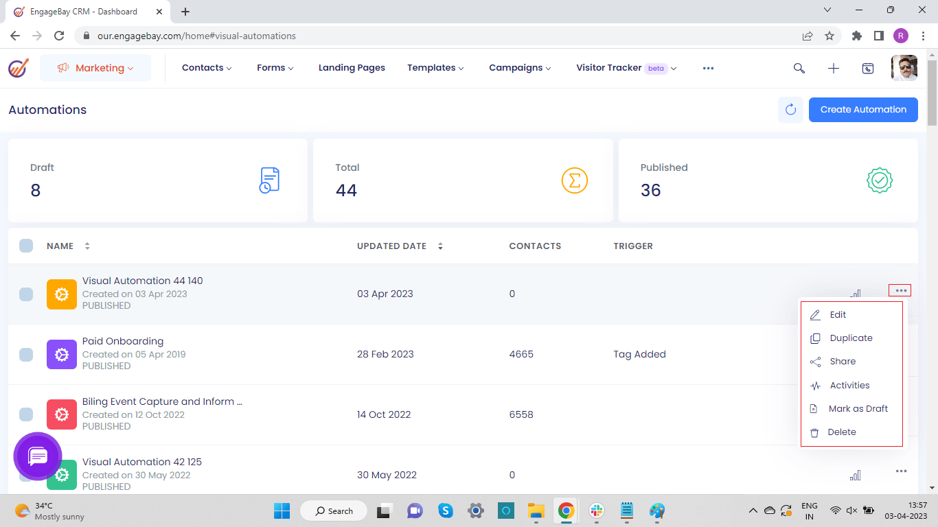 Screenshot of the EngageBay CRM Automations dashboard on desktop, showing 8 draft automations, 44 total automations, and 36 published. The list below displays automation names (“Visual Automation 44 140,” “Paid Onboarding,” “Billing Event Capture and Inform…,” and “Visual Automation 42 125”) with their updated dates, contact counts, and triggers. The “Visual Automation 44 140” row is expanded to reveal options: Edit, Duplicate, Share, Activities, Mark as Draft, and Delete.