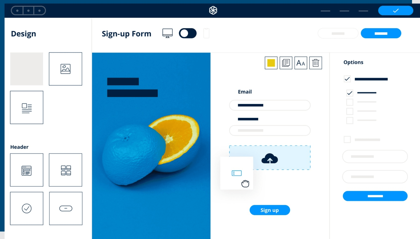 Screenshot of the Sendinblue signup form editor showing drag and drop design elements, form fields, and customization options for creating an email subscription form.