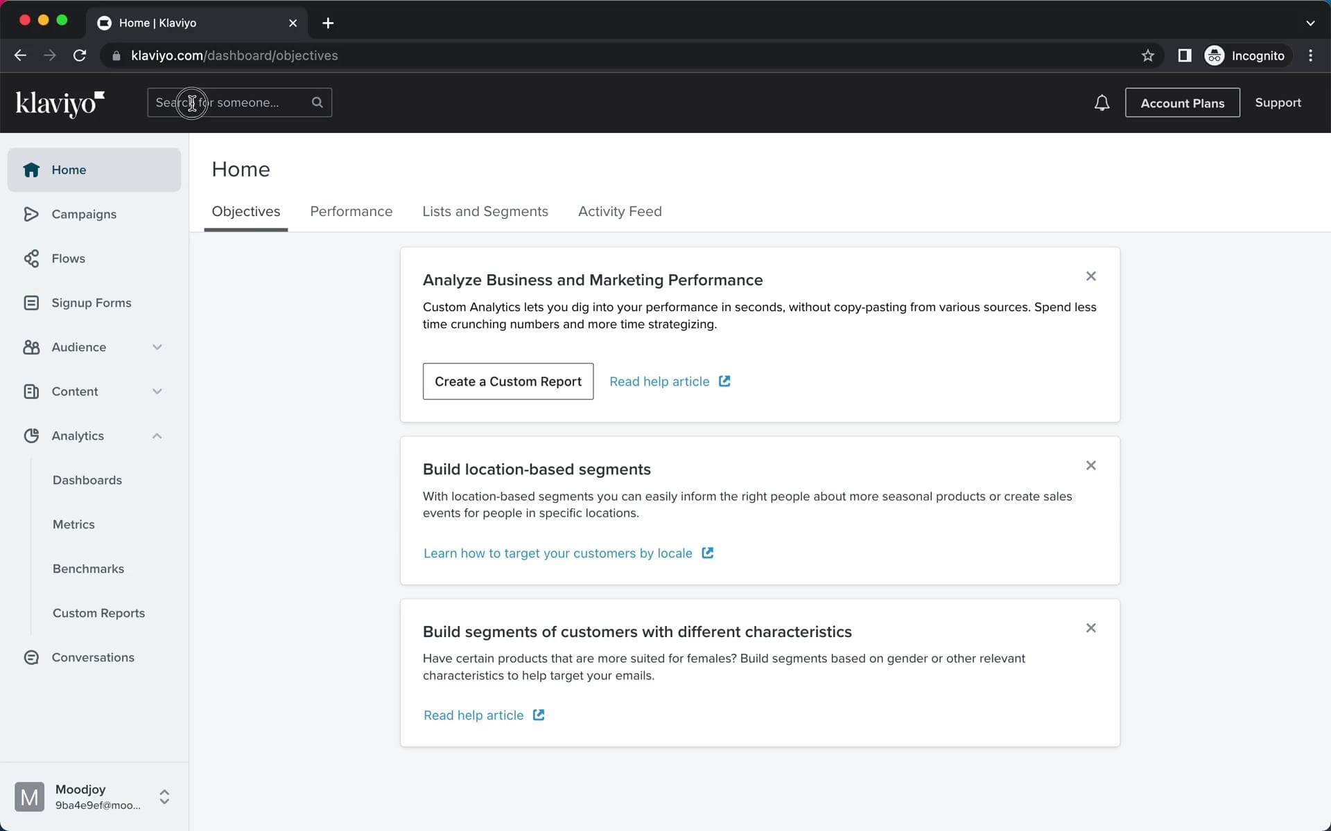 Screenshot of the Klaviyo home dashboard displaying objectives cards for custom analytics, location-based segments, and customer characteristic segments within the marketing platform interface.