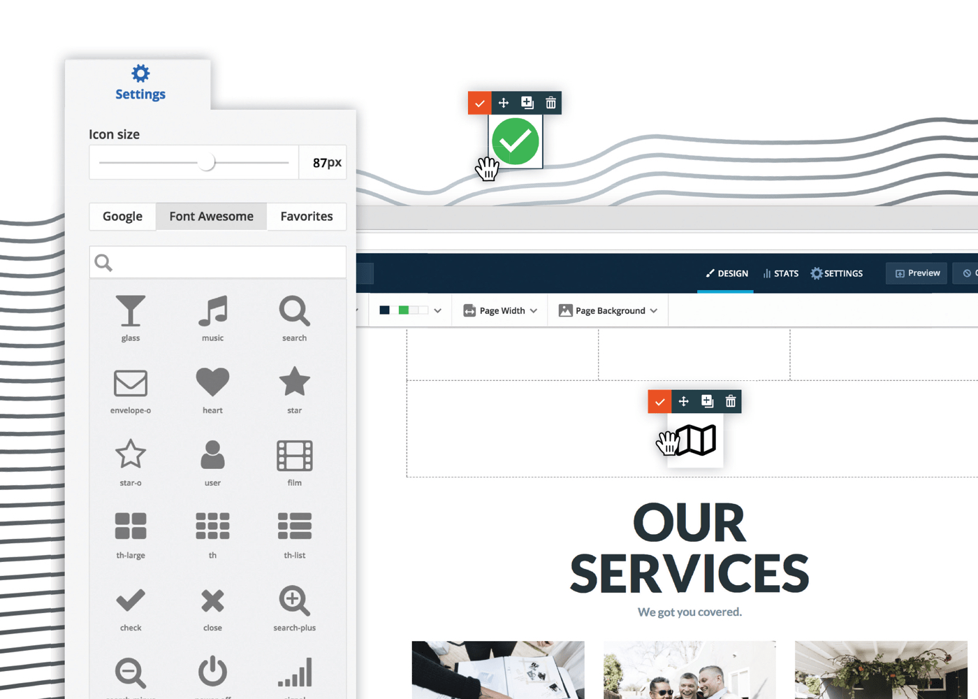 Screenshot of the Ontraport landing page editor showing icon settings, drag and drop placement, and design controls while customizing a services page.