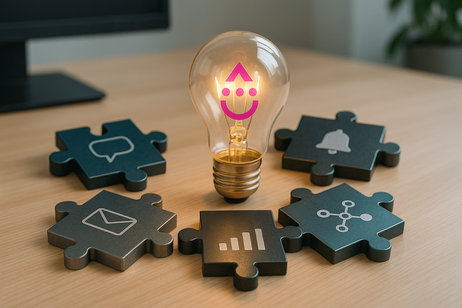 ive metallic puzzle pieces with digital marketing icons arranged around a glowing lightbulb featuring the Drip logo, symbolizing modern campaign integration and smarter automation tools.
