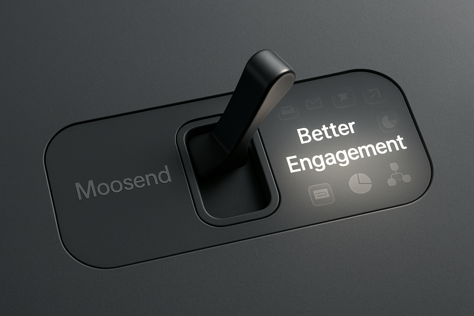 sleek dark matte toggle switch on a modern control panel flipping from “Moosend” to “Better Engagement,” with softly illuminated icons for analytics, automation, and messaging.