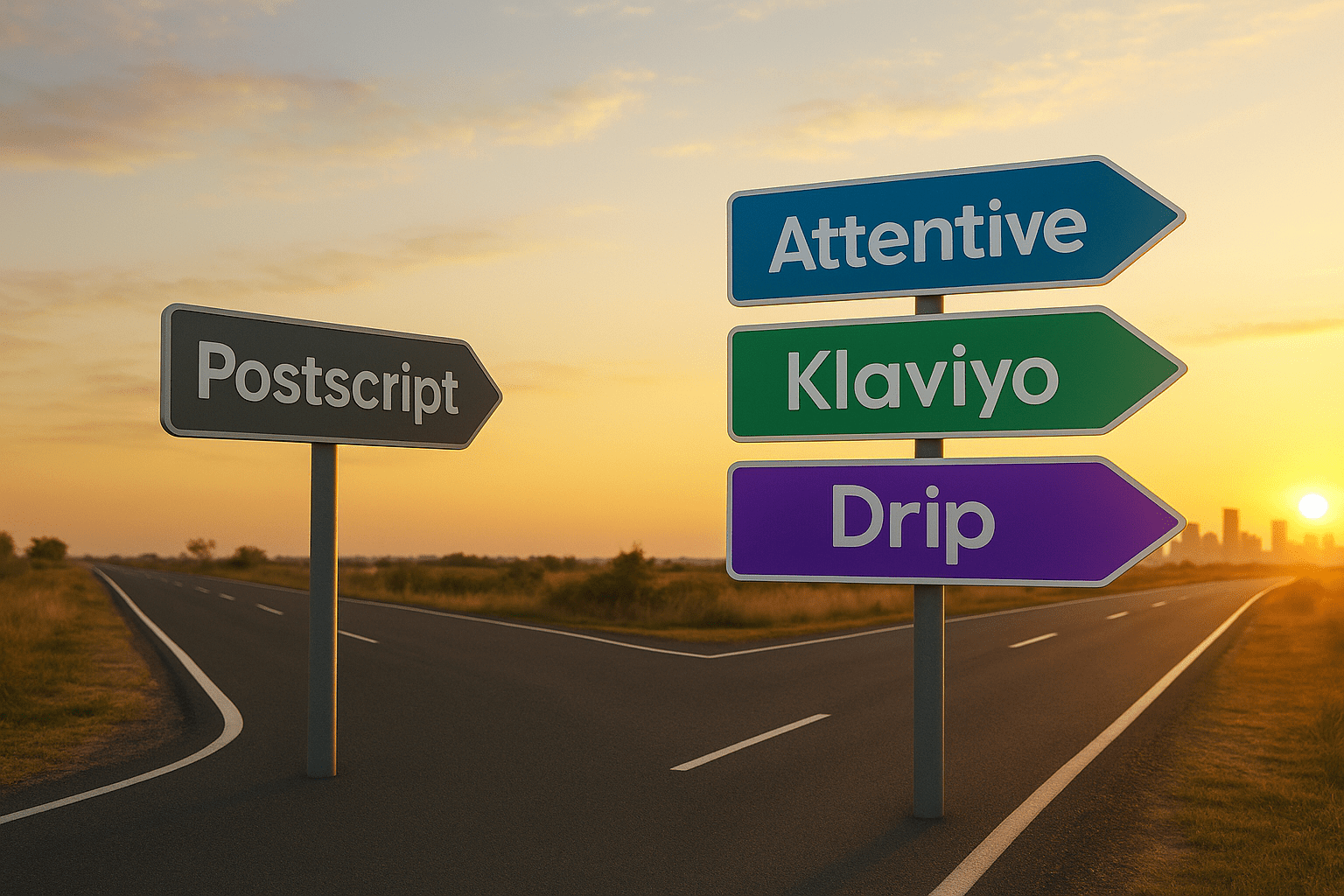 sunset scene of a split road with a matte gray sign labeled “Postscript” pointing left and three vibrant arrow signs for “Attentive,” “Klaviyo,” and “Drip” pointing right toward a distant city skyline.