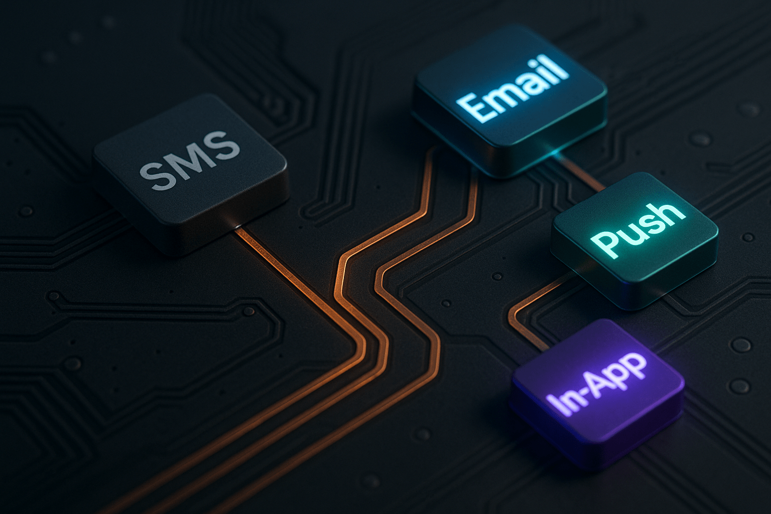 circuit board showing a single silver trace from an “SMS” chip branching into three glowing copper traces that lead to illuminated chips labeled “Email,” “Push,” and “In-App,” visualizing Attentive alternatives beyond SMS.
