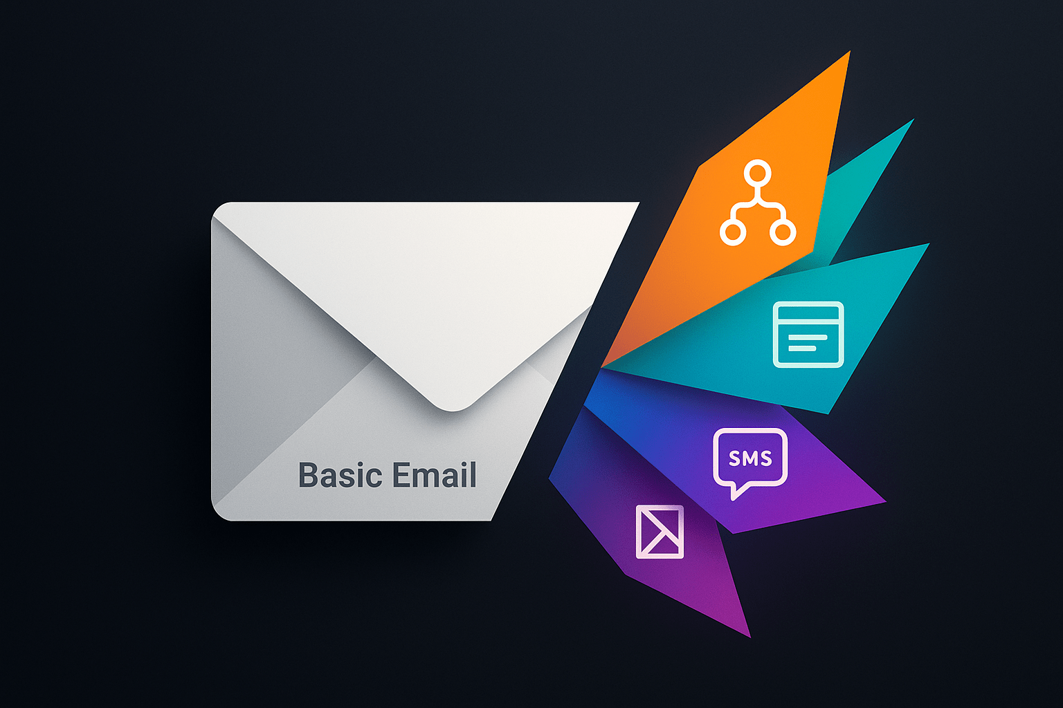 Dark gradient background with a grayscale envelope labeled “Basic Email” on the left and colorful geometric shards bursting from a white envelope on the right, each shard featuring an icon for automation, landing pages, or SMS to illustrate advanced Mailer