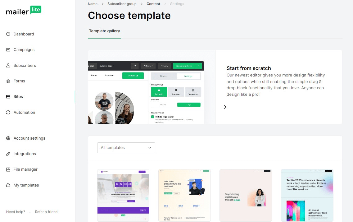 Screenshot of MailerLite’s “Choose template” page showing a left-hand sidebar navigation (Dashboard, Campaigns, Subscribers, Forms, Sites, Automation, etc.) and the main template gallery. The gallery features a “Start from scratch” block editor preview on top with description text, a dropdown filter labeled “All templates,” and a row of colorful email template thumbnails below.