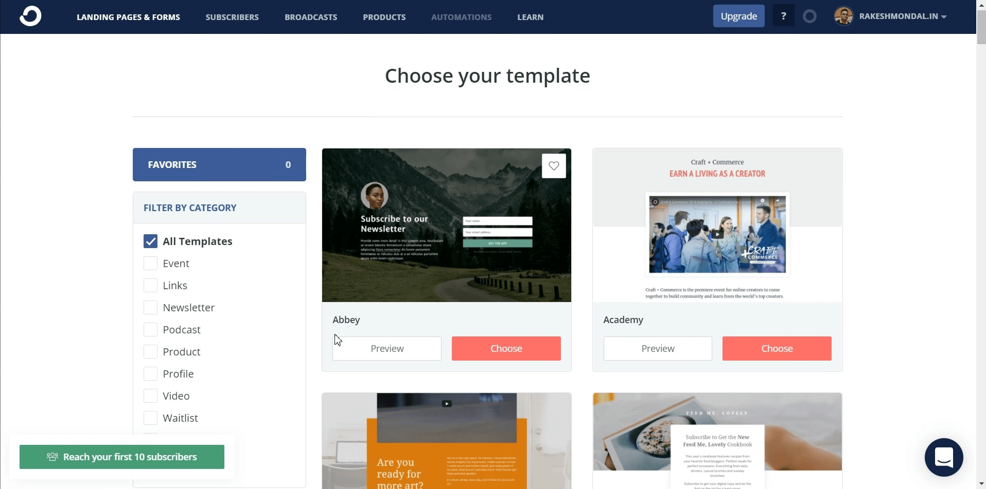 Screenshot of ConvertKit’s template gallery showing the “Choose your template” page with a left sidebar filter by category (All Templates, Event, Links, Newsletter, Podcast, Product, Profile, Video, Waitlist), a “Favorites 0” counter, and thumbnail previews of templates named “Abbey” and “Academy” with Preview and Choose buttons. The top navigation bar displays sections for Landing Pages & Forms, Subscribers, Broadcasts, Products, Automations, and Learn, and a green banner prompts “Reach your first 10 subscribers.”