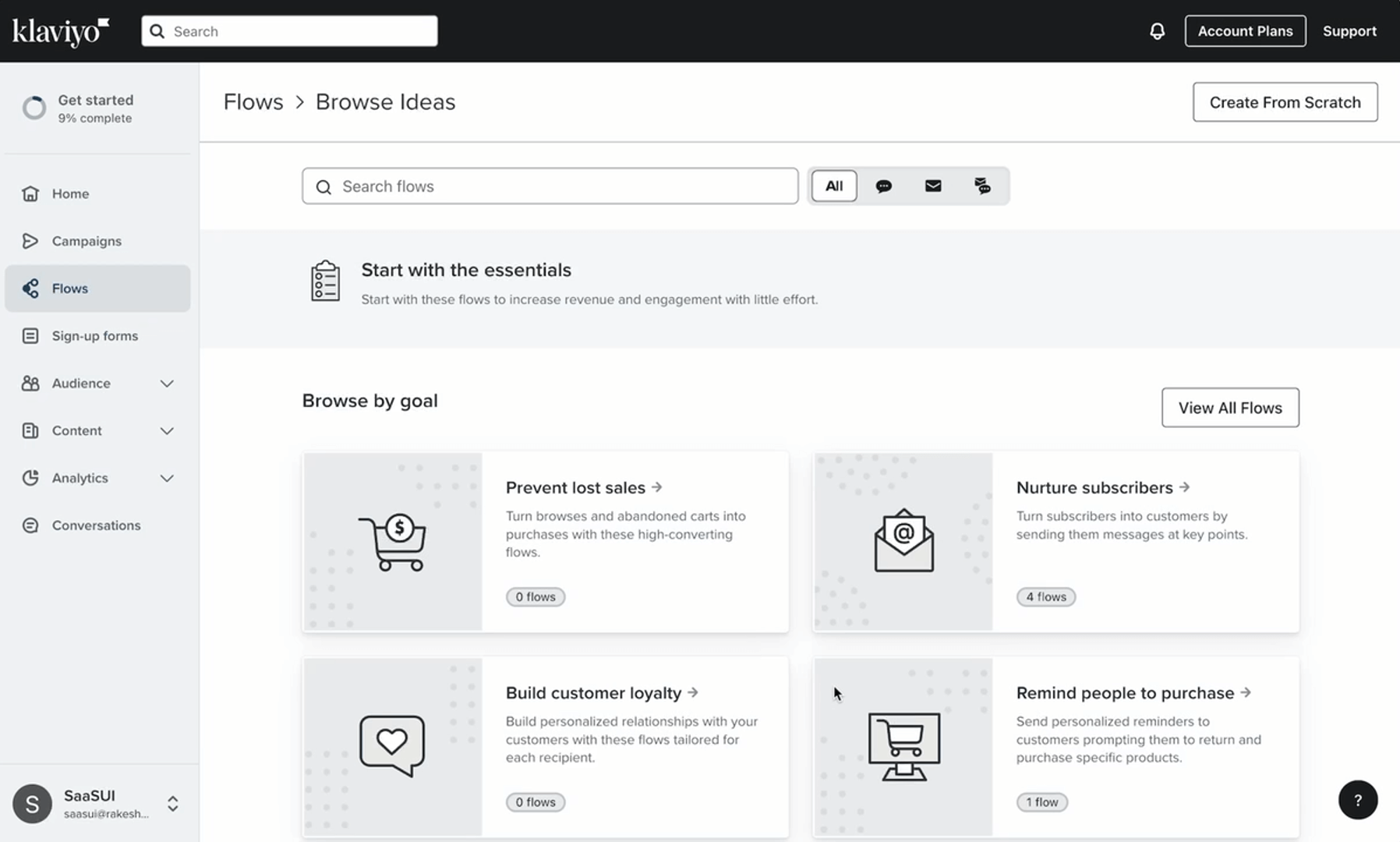 Screenshot of Klaviyo’s Flows “Browse Ideas” page showing a top search bar with filter icons, a “Start with the essentials” prompt, and four goal-based cards—“Prevent lost sales,” “Nurture subscribers,” “Build customer loyalty,” and “Remind people to purchase”—alongside the left sidebar navigation (Home, Campaigns, Flows, Sign-up forms, Audience, Content, Analytics, Conversations) and account controls at the top.
