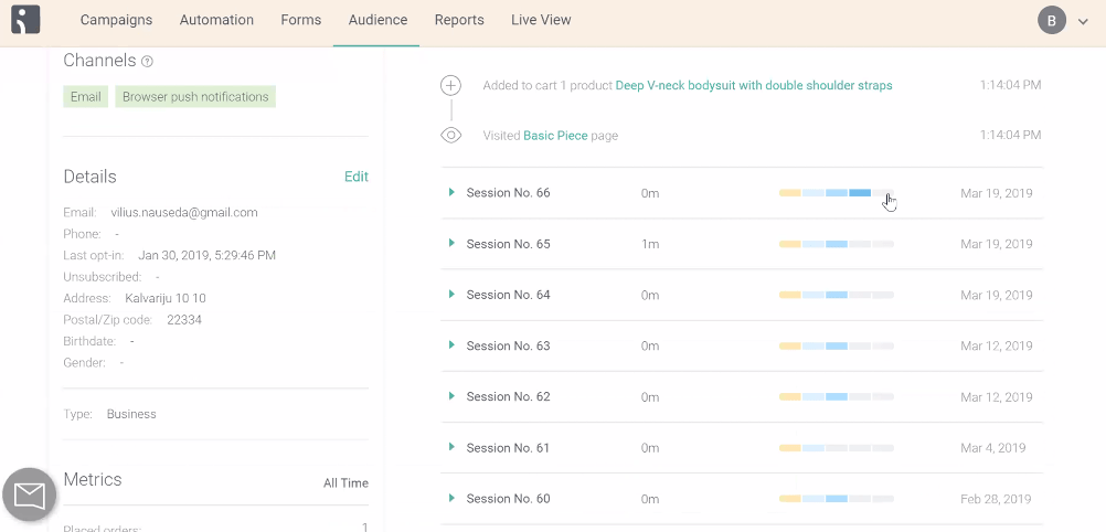 Screenshot of the Iterable Automation interface showing a subscriber’s profile details—Channels set to Email and Browser push notifications, contact information (email, last opt-in date, address, postal code), and all-time metrics—alongside a timeline of recorded sessions (Session No. 60–66) with colored activity bars and recent events like “Visited Basic Piece page” and “Added to cart: Deep V-neck bodysuit with double shoulder straps,” each timestamped.