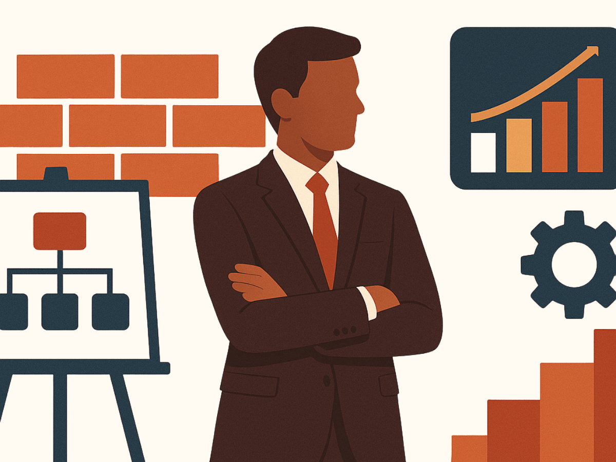 Stylized illustration of a business professional in a suit with growth charts, flowchart board, and gear icons symbolizing strategy, leadership, and organizational planning.