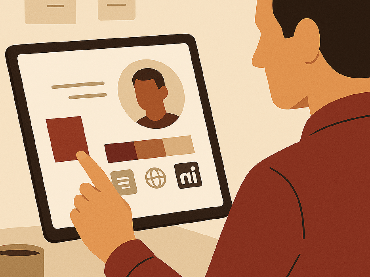 Illustration of a man viewing and interacting with a digital profile interface on a tablet, symbolizing online networking, recruitment, or business management tools.
