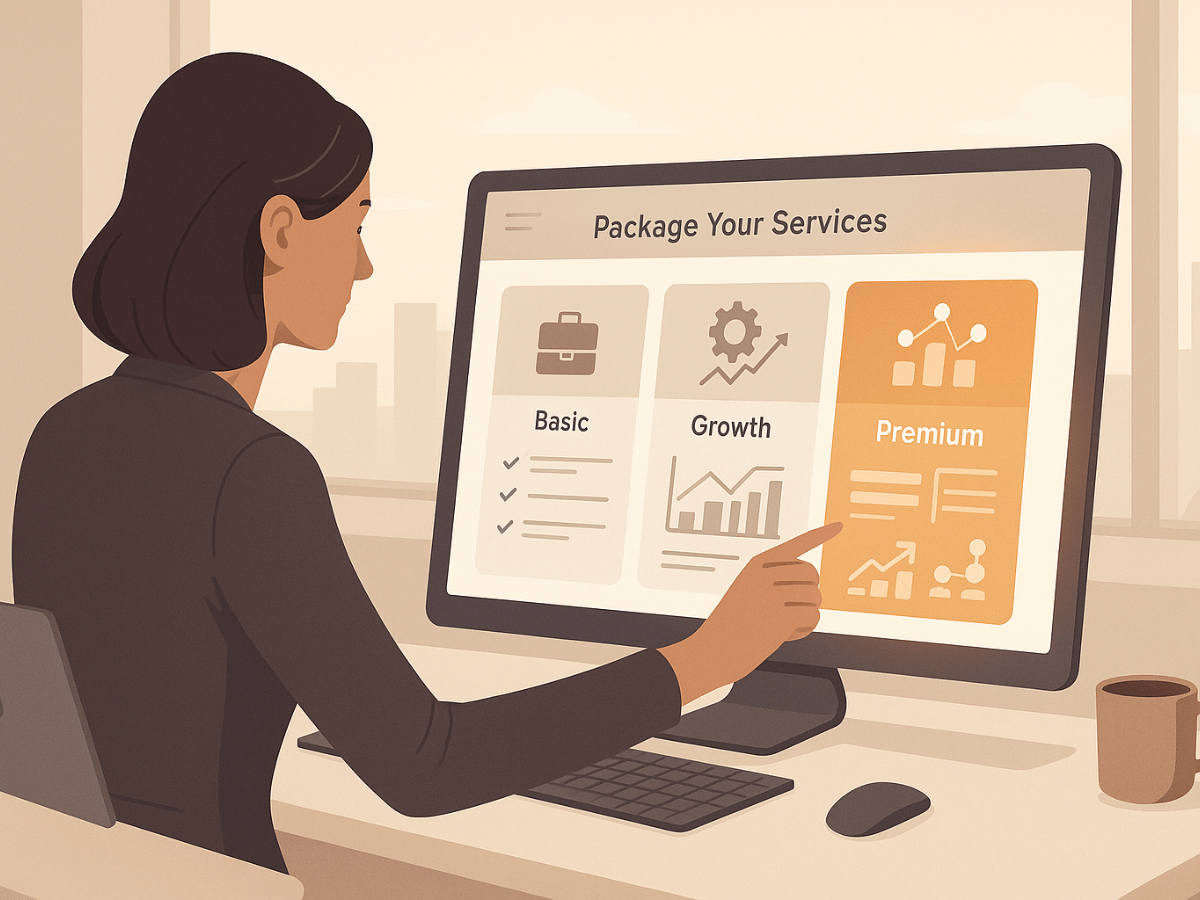 Illustration of a woman at a desk reviewing and choosing between Basic, Growth, and Premium service packages on a computer screen, representing business planning and service optimization.