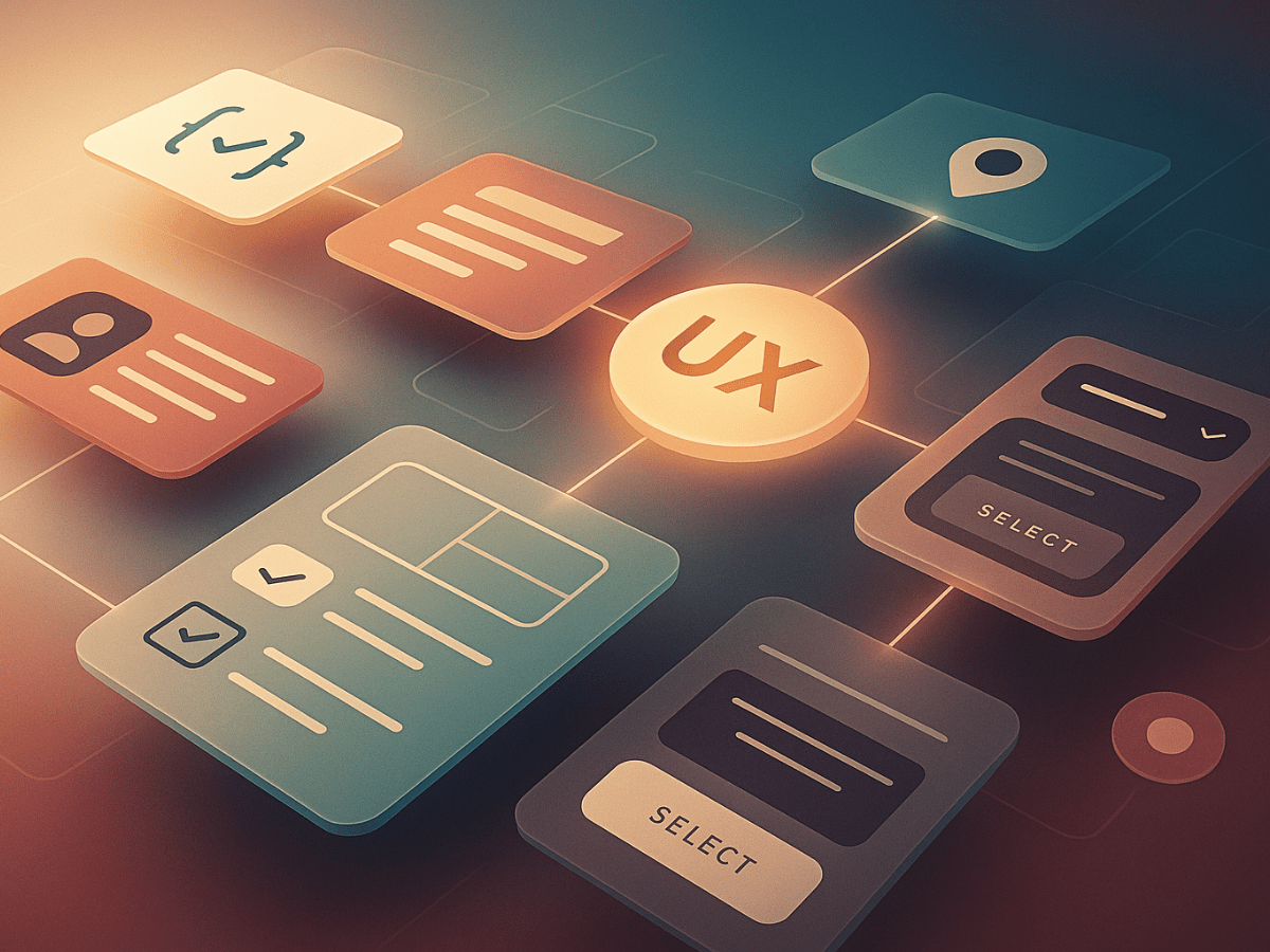 3D illustration of UX design components connected by glowing lines, representing user experience workflow, interface design, and digital product development.
