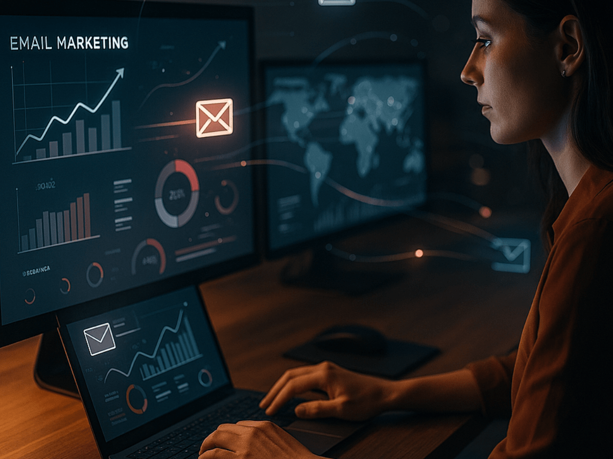 Focused digital marketing professional working at a computer with data dashboards displaying email marketing analytics, performance charts, and global engagement insights.