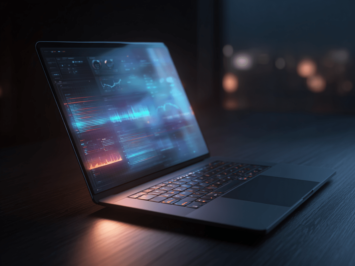 Close-up of a sleek laptop on a desk showing illuminated data charts and analytics dashboard, symbolizing digital strategy, performance tracking, and technology innovation.