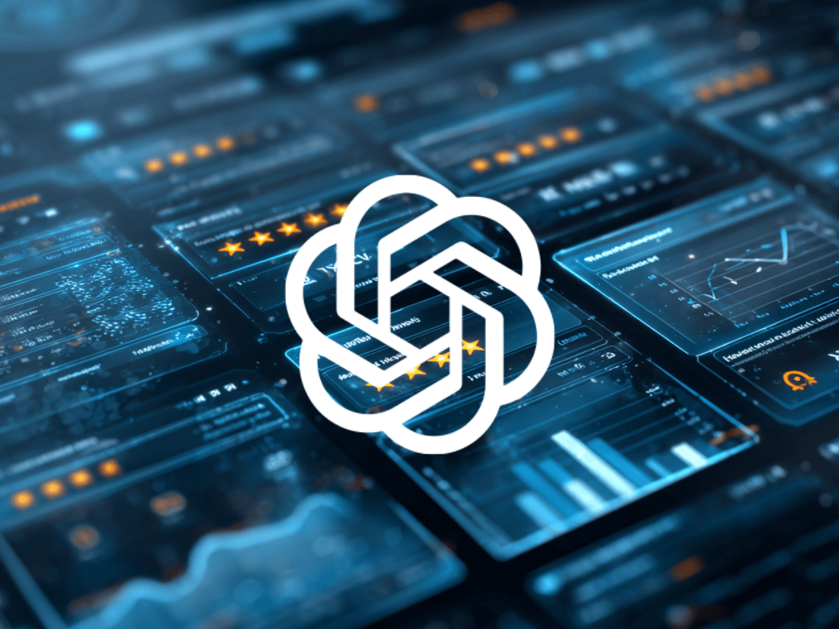 ChatGPT logo displayed over digital analytics dashboards showing ratings, charts, and performance metrics, symbolizing AI reputation management and data-driven brand monitoring.
