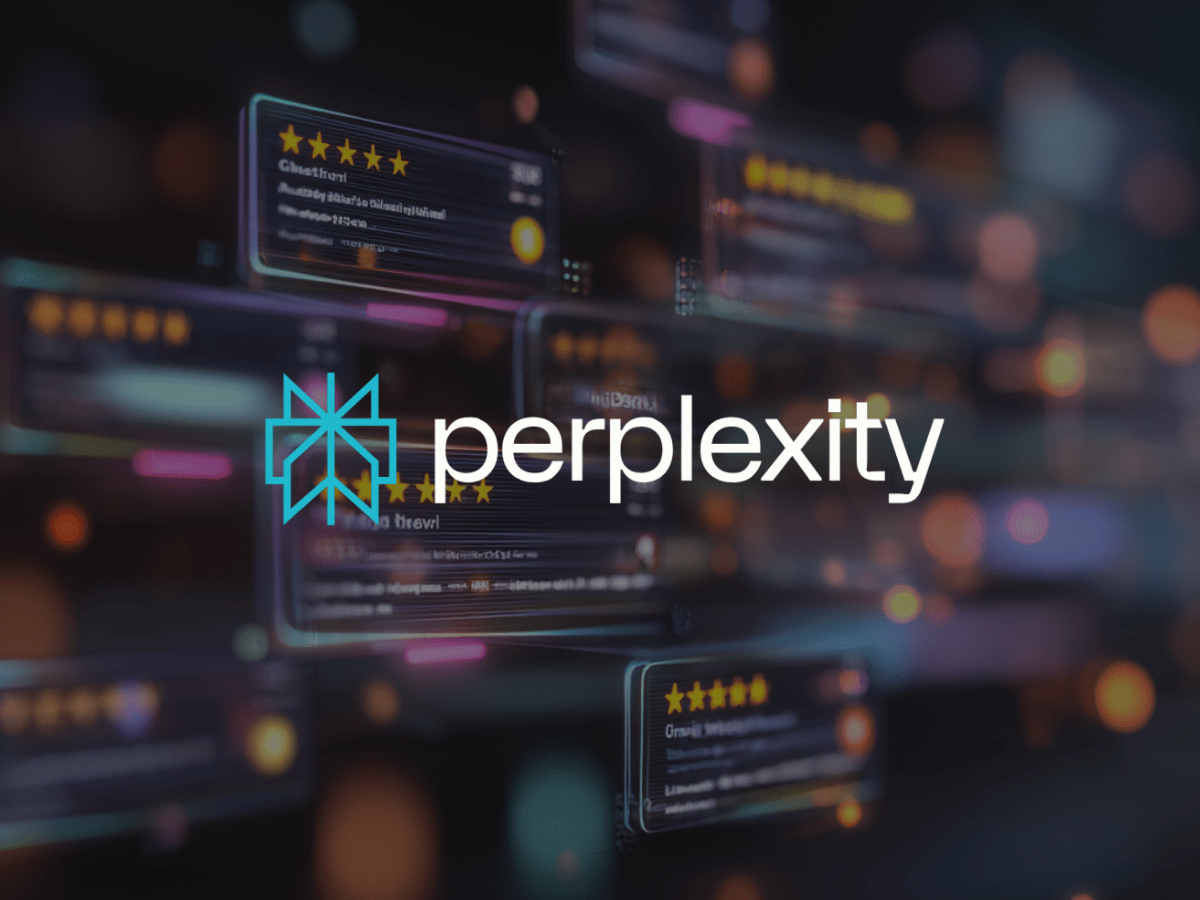 Perplexity AI logo displayed over glowing digital review cards with star ratings, representing reputation management, customer feedback, and AI-powered review analysis.