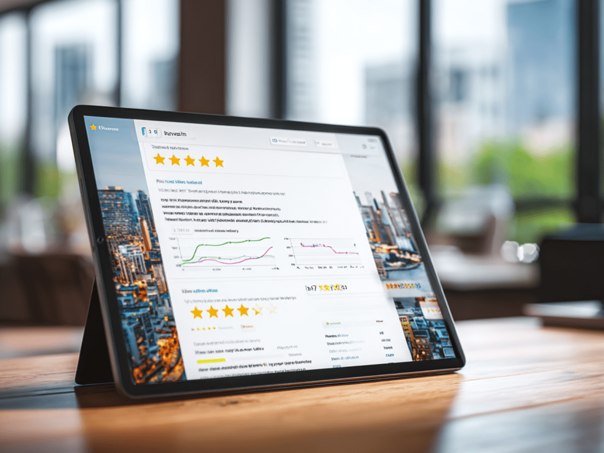 Tablet displaying a customer review dashboard with star ratings, performance graphs, and feedback analysis, representing online reputation monitoring and business review management.