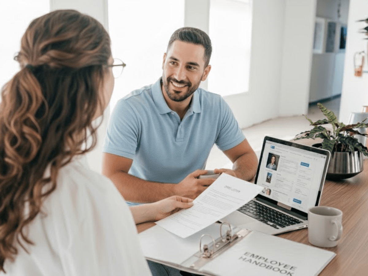 A startup founder meeting with an HR consultant during an onboarding discussion, reviewing employee documents and policies on a laptop