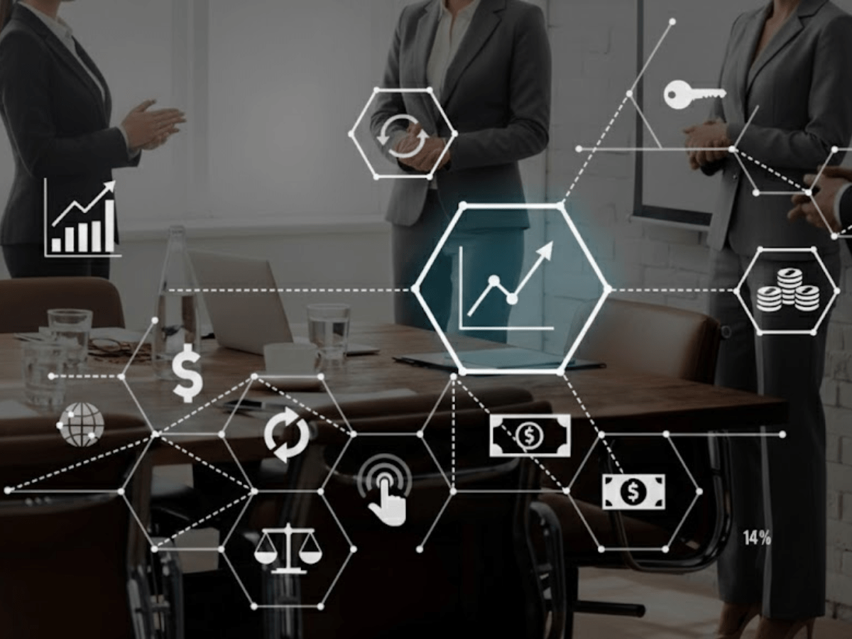 Business meeting with executives discussing financial strategy, illustrated with digital finance icons representing analytics, budgeting, cash flow, and performance metrics for fractional CFO consulting