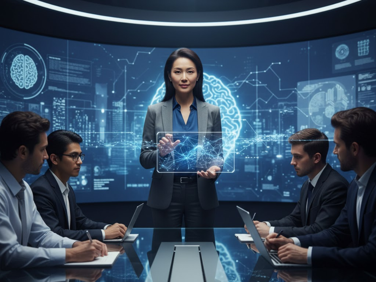 Female AI strategy leader presenting a digital neural-network visualization to an executive team in a high-tech boardroom, representing the role of a fractional Chief AI Officer guiding AI adoption and innovation