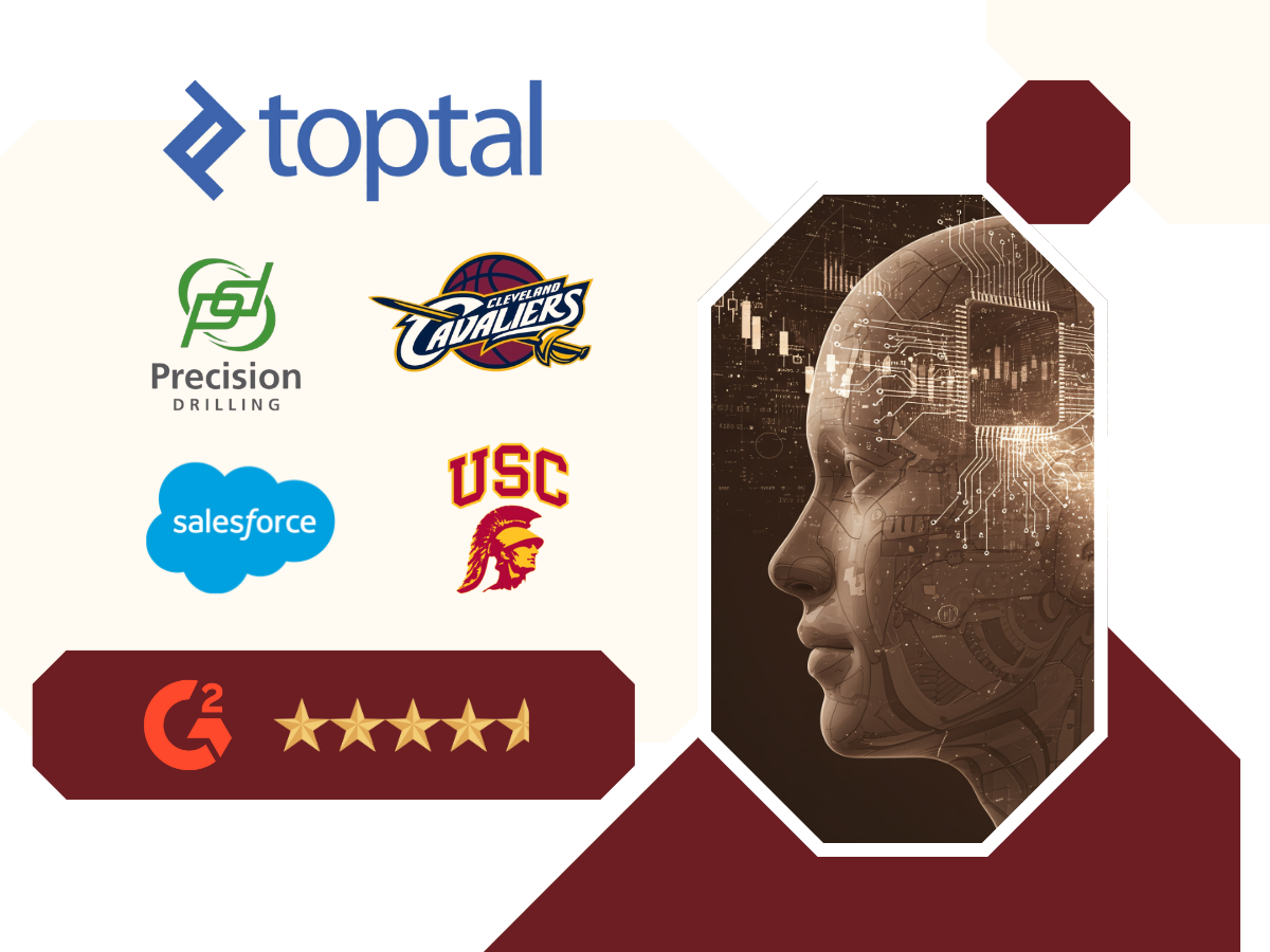 Toptal fractional Chief AI Officer graphic featuring client logos like Salesforce, USC, Precision Drilling, and Cleveland Cavaliers alongside an illustrated AI-powered human head representing advanced artificial intelligence strategy and leadership