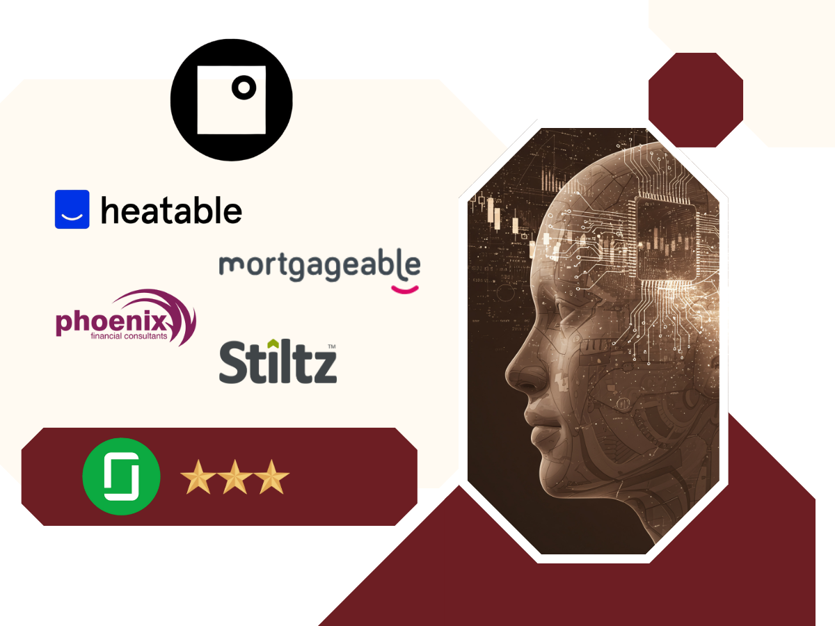 Fifty One Degrees fractional Chief AI Officer graphic featuring client logos including Heatable, Mortgageable, Phoenix Financial Consultants, and Stiltz alongside an illustrated AI-powered human head representing artificial intelligence strategy and digital transformation services