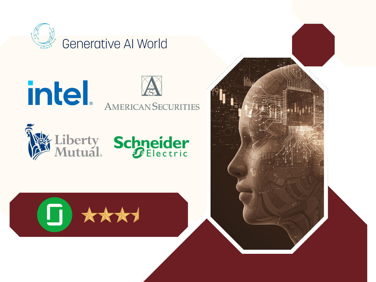 GAI Insights fractional Chief AI Officer showcase featuring client logos such as Intel, American Securities, Liberty Mutual, and Schneider Electric alongside an AI-themed digital head illustration representing enterprise AI strategy and generative AI transformation services