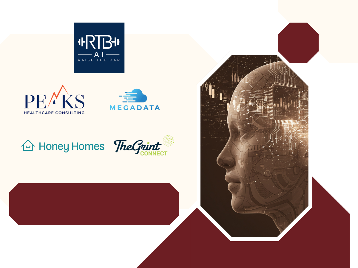 RTB-AI fractional Chief AI Officer client showcase featuring Peaks Healthcare Consulting, Megadata, Honey Homes, and The Grint Connect alongside an AI-themed digital head illustration representing enterprise AI strategy and advanced automation solutions