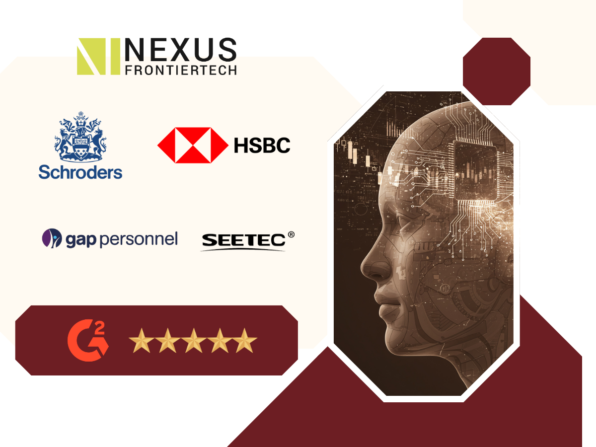 Nexus FrontierTech fractional Chief AI Officer client showcase featuring logos such as Schroders, HSBC, Gap Personnel, and SEETEC alongside a digital AI head illustration representing enterprise AI strategy, automation, and machine learning solutions