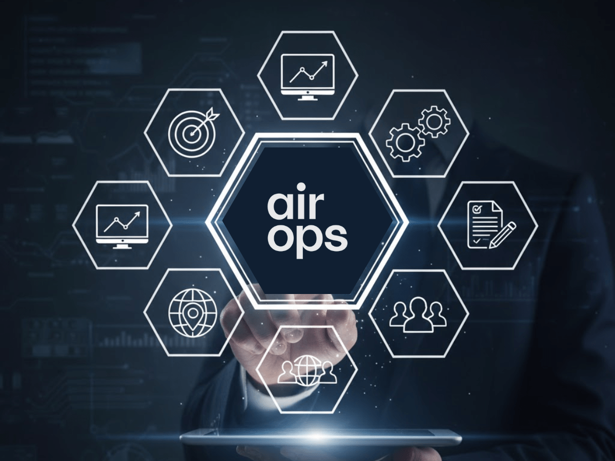 Business professional interacting with a digital AirOps interface showing SEO, automation, and analytics icons.