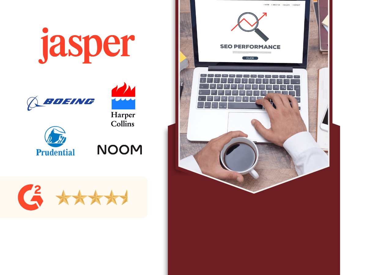 Laptop showing an SEO performance screen with logos of Jasper’s clients, including Boeing, HarperCollins, Prudential, and Noom, plus a G2 five-star rating.