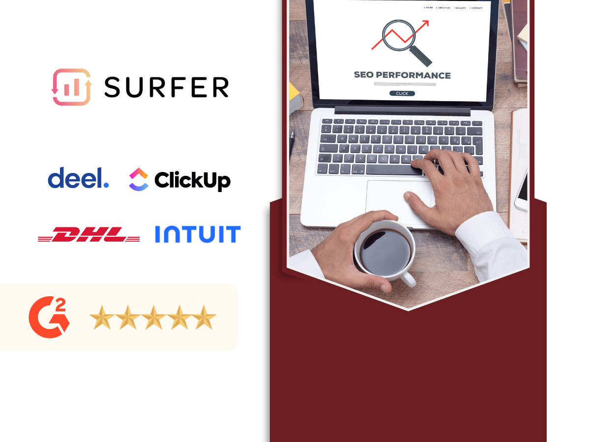 Surfer SEO shown with client logos including Deel, ClickUp, DHL, and Intuit, alongside a laptop displaying an SEO performance dashboard and a G2 five-star rating.