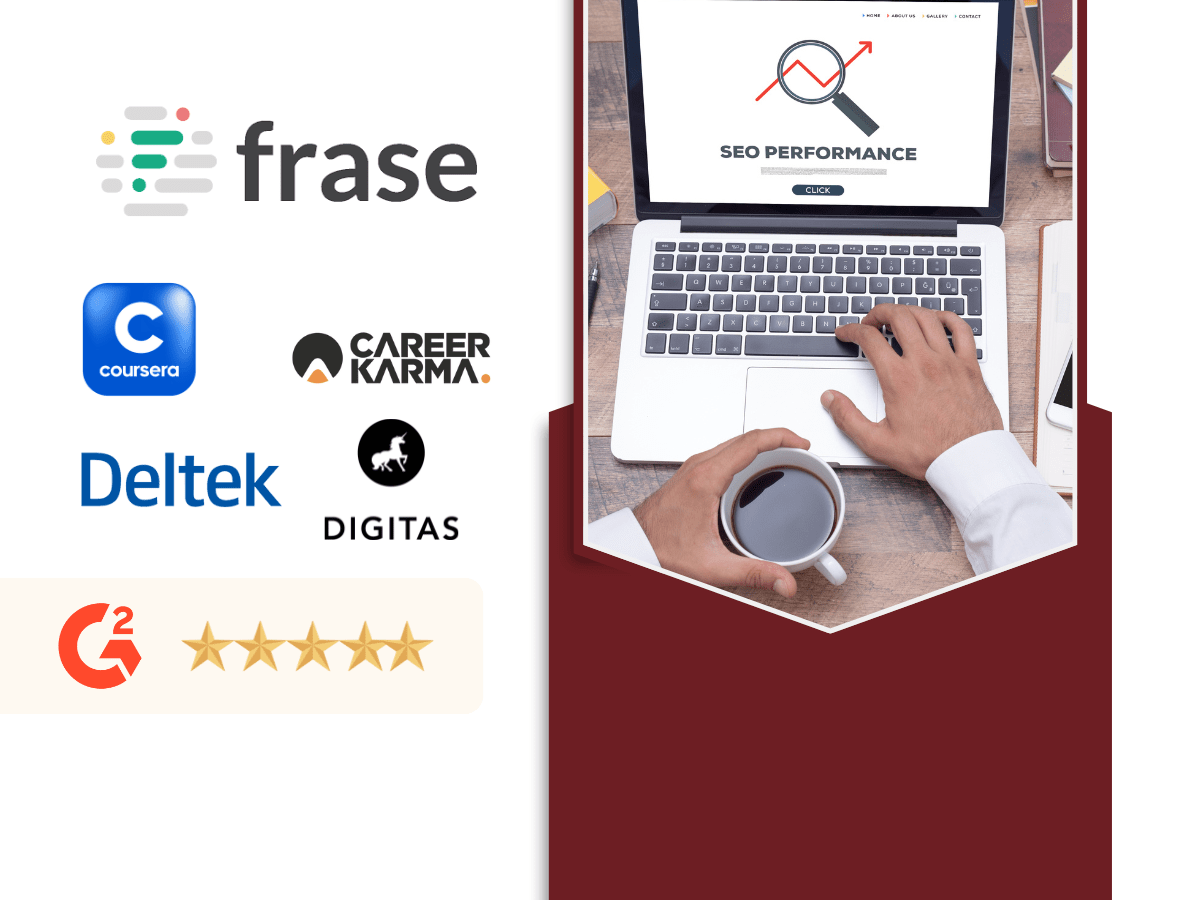 Frase AI shown with client logos including Coursera, Career Karma, Deltek, and Digitas, alongside a laptop displaying an SEO performance dashboard and a G2 five-star rating.