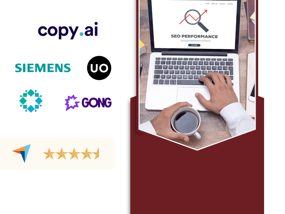 Copy.ai shown with client logos including Siemens, Urban Outfitters, Gong, and other brands, alongside a laptop displaying an SEO performance dashboard and a five-star Capterra rating.