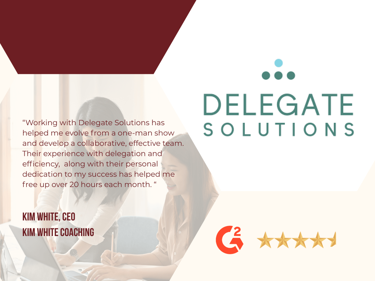 Delegate Solutions highlighted with a client testimonial, company logo, and a five-star G2 rating, alongside a collaborative workspace image.