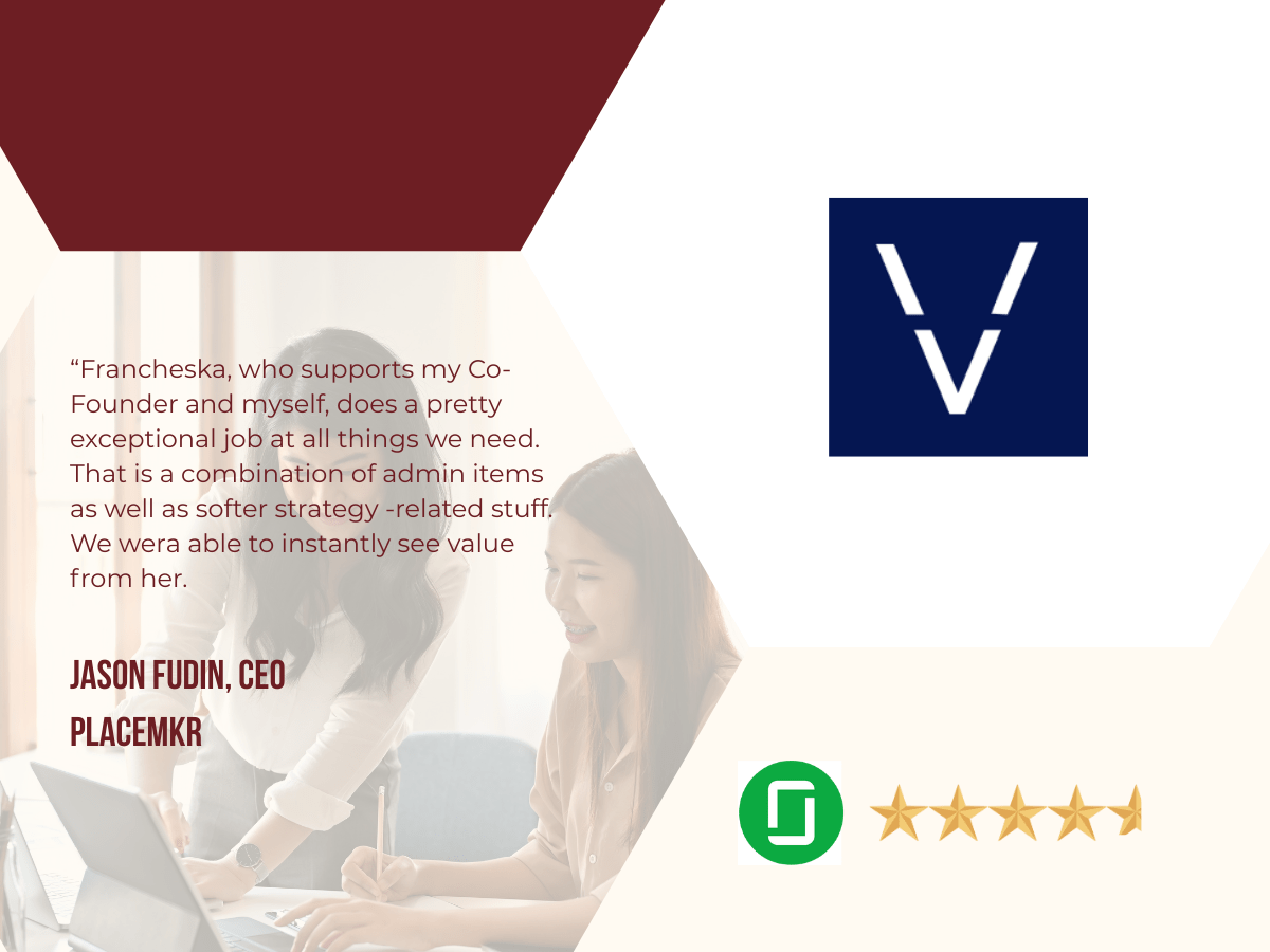 Viva highlighted with a client testimonial, company logo, and a five-star Glassdoor rating, shown alongside a collaborative workspace image to represent virtual executive assistant support.