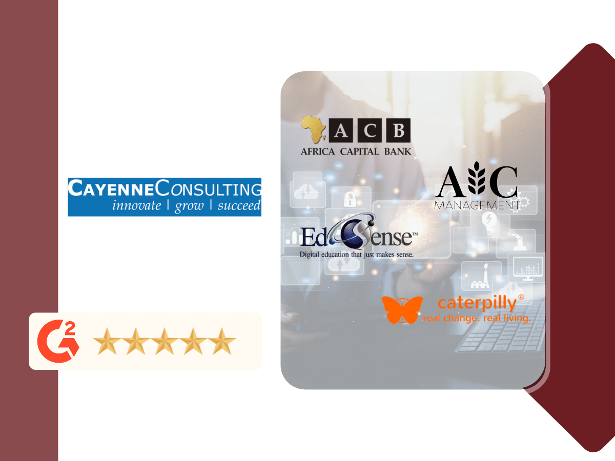 "Cayenne Consulting logo displayed with major client brands and a strong five-star rating, representing its fractional executive and startup advisory services.
