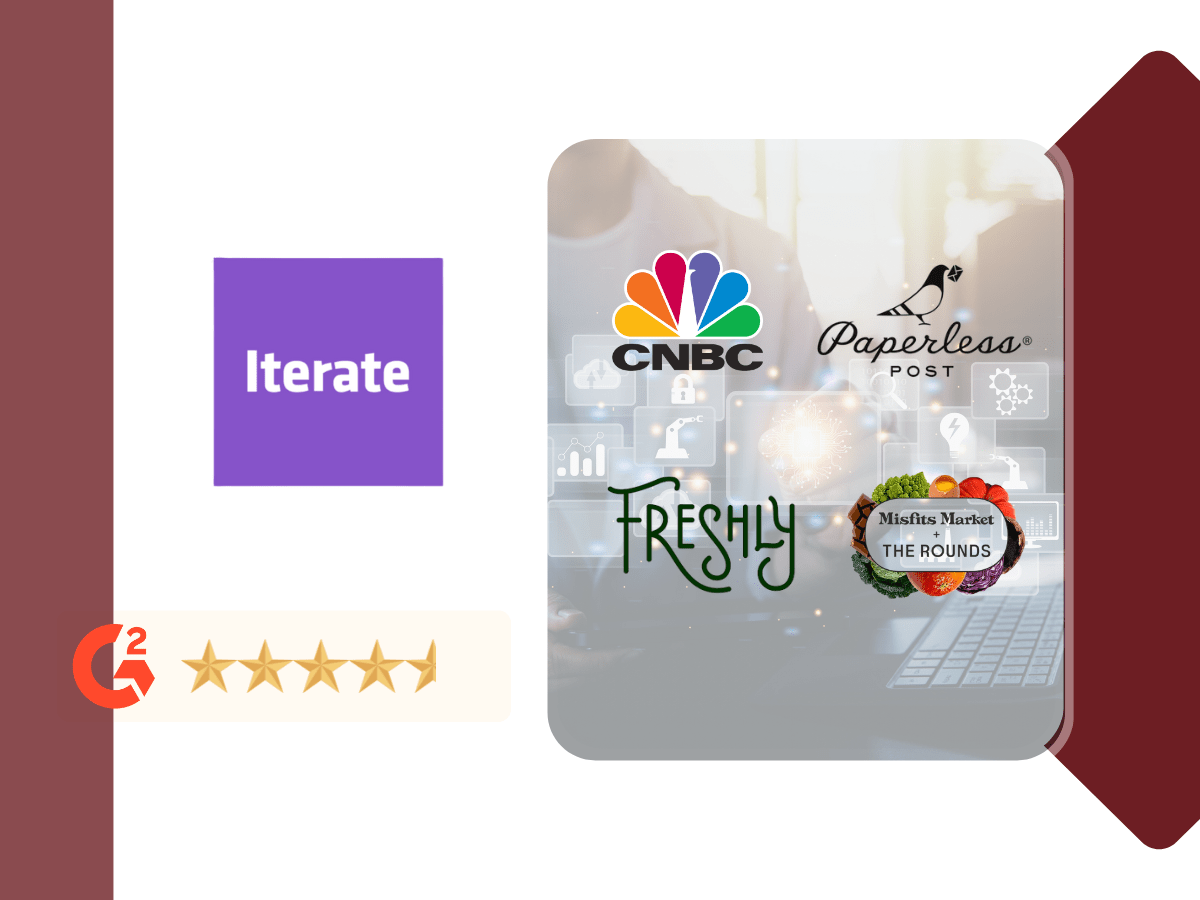 Iterate logo shown with leading client brands and a strong five-star rating, highlighting its fractional product and engineering teams.